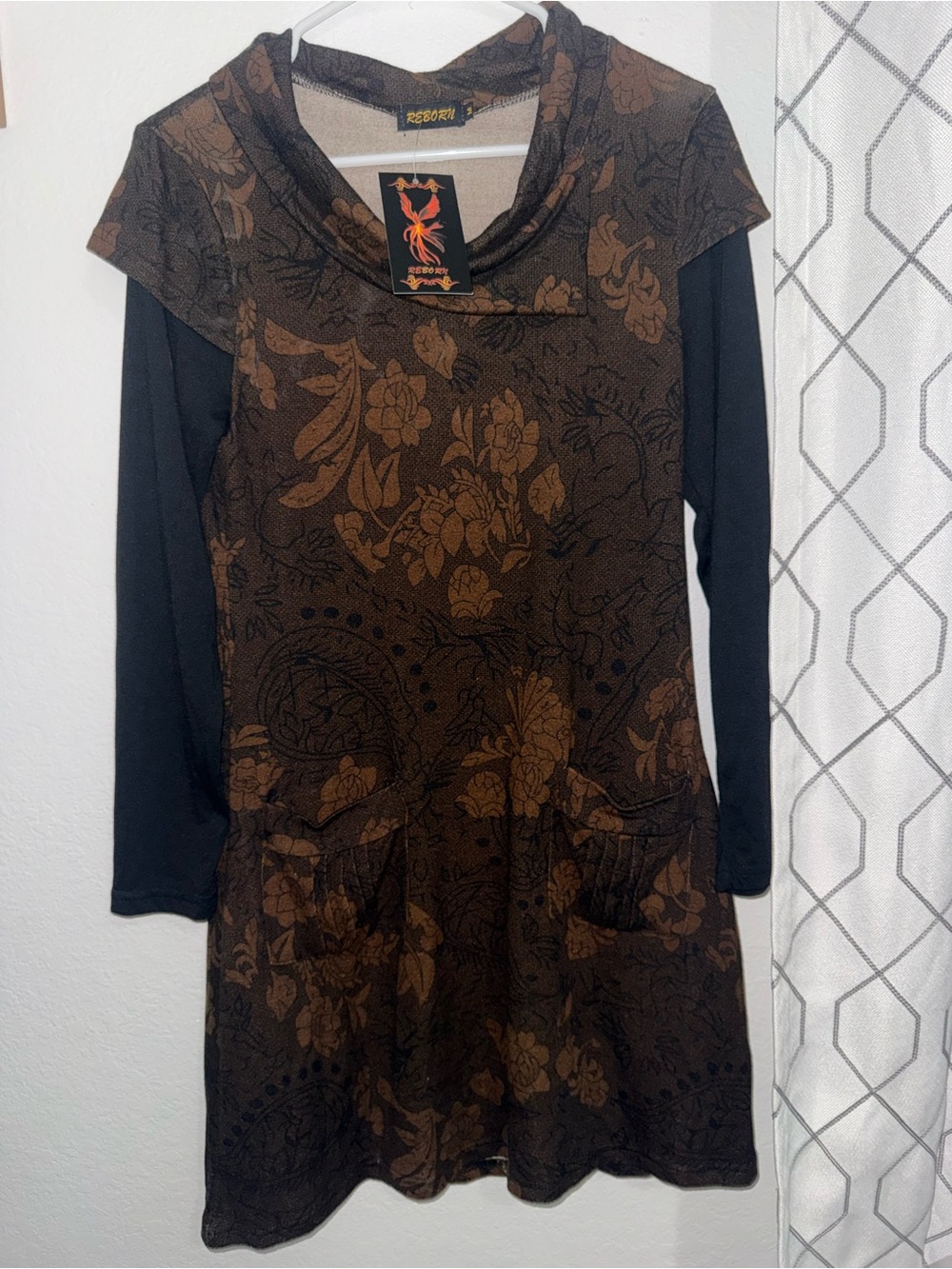 Reborn Brown Floral A-line Tunic Dress with Black Sleeves